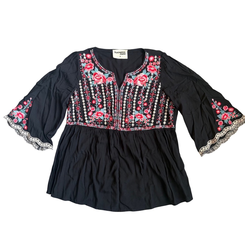 Savanna Jane Womens Black Floral Embroidered Boho Bell Sleeve Babydoll Top M